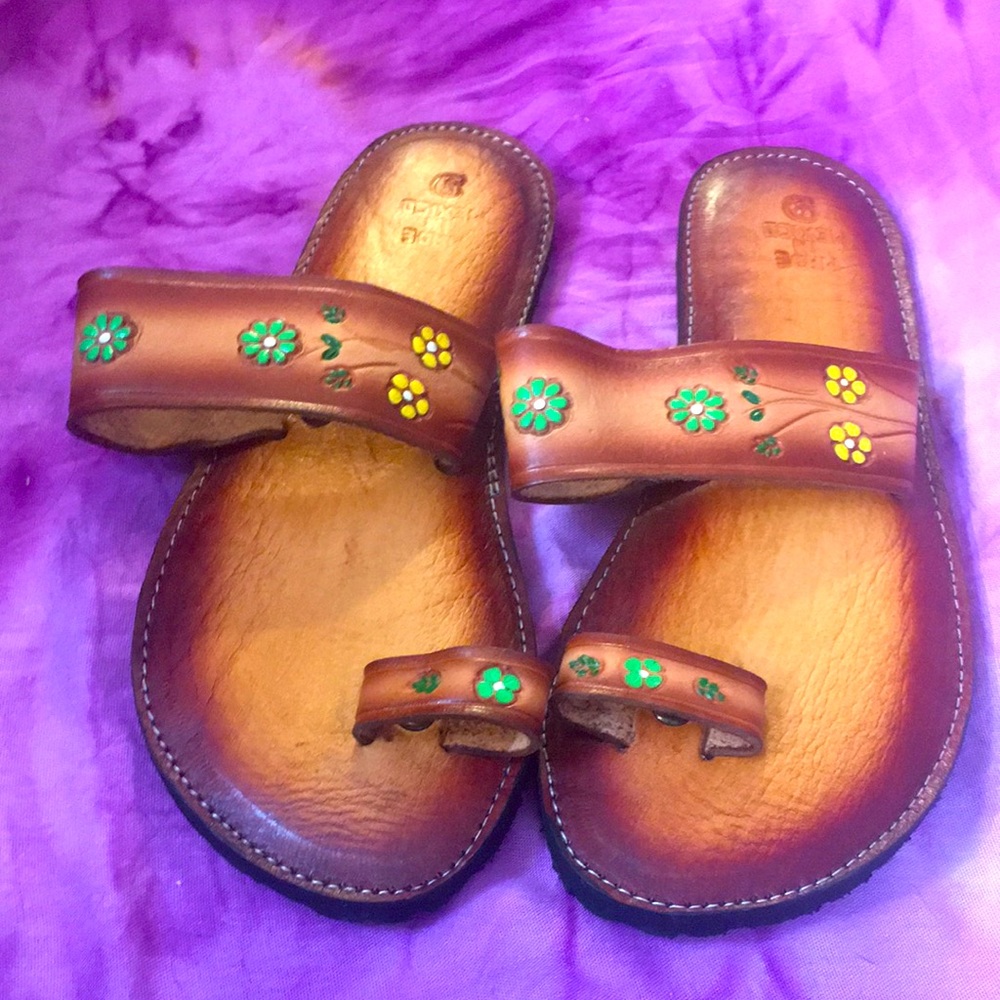 Hand tooled hippy sandals.